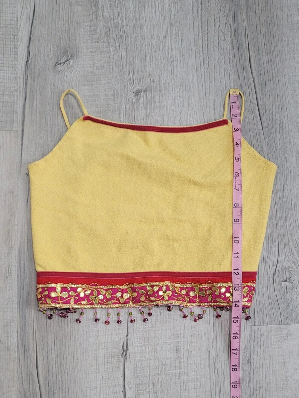 Vintage 90s Y2K Cache Yellow Beaded Fringe Open Back Cami Crop Top Large - Picture 11 of 13